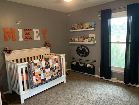 Motorcycle Orange Black White Baby Room Motorcycle Nursery Theme, Harley Davidson Nursery, White Baby Room, Motorcycle Nursery, Motorcycle Orange, Harley Davidson Baby, Bedroom Theme, Baby Boy Nursery Themes, Baby Boy Room Nursery