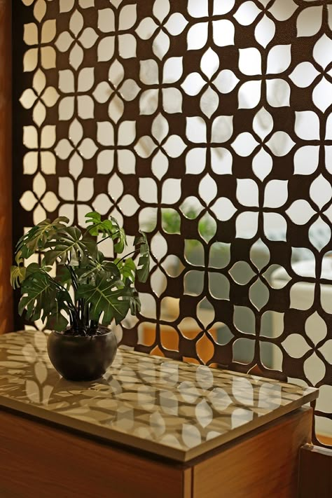 Jaali Partition Design, Window Partition Design, Jali Design For Partition, Jali Pattern Design, Mandir Jali Design, Pattern In Interior Design, Pattern In Interior, Jali Partition, Flower Interior Design