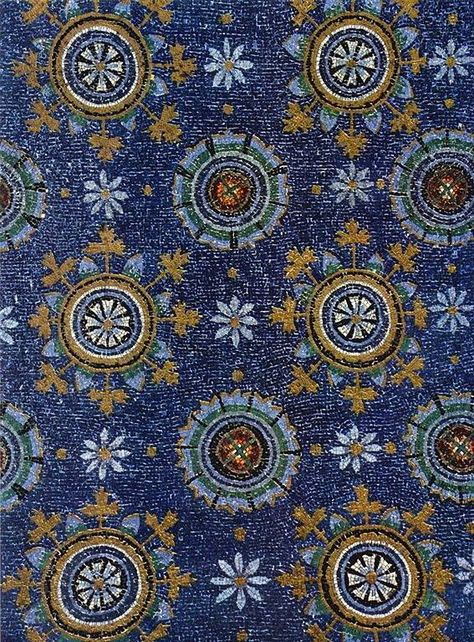 Byzantine ceiling mosaic representing the night sky, 5th century CE. Galla Placidia Mausoleum, Ravenna, Italy. The building was formerly the oratory of the Church of the Holy Cross and now contains three sarcophagi. The largest sarcophagus was thought to contain the remains of Galla Placidia (died c. 450 CE), the daughter of the Roman Emperor Theodosius I (r. 379-395 CE). Byzantine Interior Design, Blue Aesthetic Tumblr, Byzantine Design, Byzantine Mosaics, Sicis Mosaic, Ravenna Mosaics, Ravenna Italy, Byzantine Architecture, Byzantine Mosaic