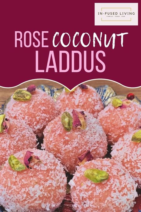 Coconut Laddu Recipe, Mithai Recipe, Rose Dessert Recipes, Indian Mithai, Rose Recipes Desserts, Snacks Recipes Indian, Dry Fruits Laddu, Diwali Fusion Desserts, Diwali Mithai