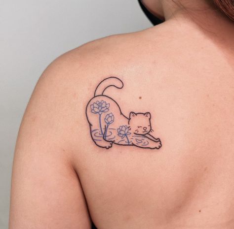 Cute stretching cat tattoo with blue lotus Cat Tattoo Unique, Cat Stretch Tattoo, Stretching Cat Tattoo, Cat Stretching Tattoo, Blue Cat Tattoo, Unique Cat Tattoo, Blue Lotus Tattoo, Nose Tattoo, Stretching Cat