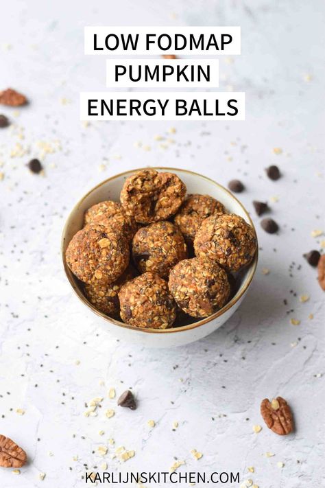 Snack To Make At Home, Vegan Fodmap, Low Fodmap Pumpkin, Pumpkin Energy Balls, Fodmap Vegan, Snack To Make, Fodmap Friendly Recipes, Low Fodmap Snacks, Pumpkin Snack