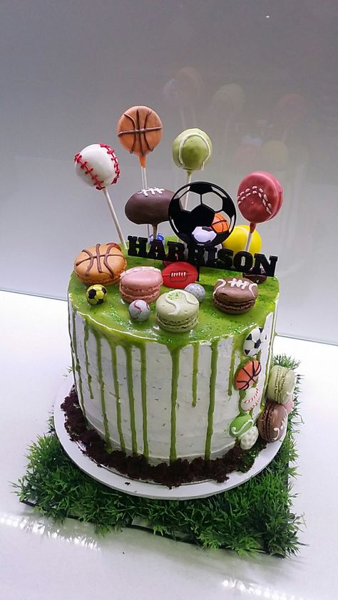 Sports themed drip cake - 7th birthday Sporty Birthday Cake, 7th Birthday Party For Boys, Sixth Birthday Cake, Sports Cake, Cake Designs For Boy, Novelty Cake, 8th Birthday Cake, 18th Cake, 10 Birthday Cake