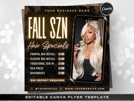 Fall Hair Specials Flyer, September Bookings Available Flyer, Fall Season Hair Salon Wig Sale Price List, Hairstylist DIY Canva Template Hair Sales Flyer Design, Hairstylist Flyer Ideas, Hair Price List Ideas, Hair Salon Flyer, Hairstylist Marketing, Wig Sale, Bookings Available, Lash Salon, Wig Install