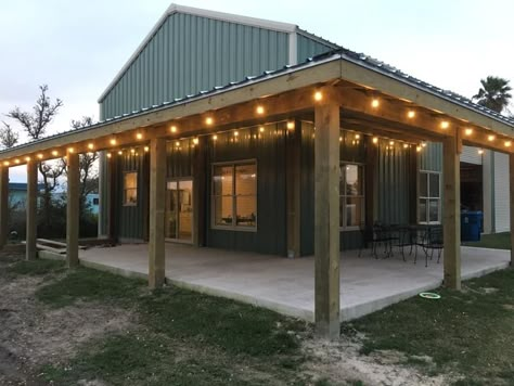 Shop House Back Porch, Shop House Porch, Metal Building With Porch, Barndominium Front Porch Metal Buildings, Barndominium Screened In Porch, Pole Barn Hangout Ideas, Barndominium Back Porch Ideas, Barndominium Porch Ideas, Barndo Porch