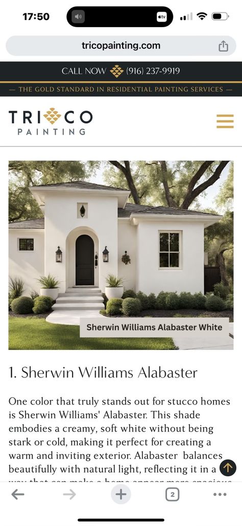 Cream House Exterior Color Combos, Cream House Exterior, Stucco Exterior Colors, Sherwin Williams Alabaster White, Brown Roof, Alabaster White, Stucco Exterior, Best White Paint, Stucco Homes