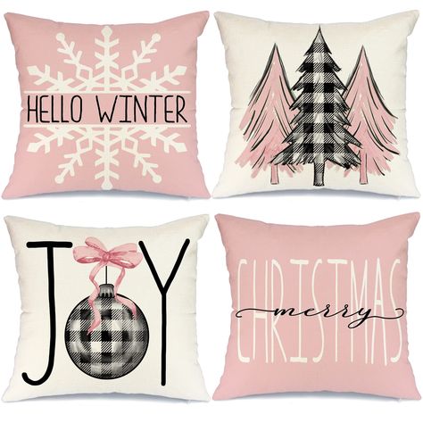 Buffalo Plaid Christmas Tree, Holiday Throw Pillow, Holiday Throw, Bantal Sofa, Plaid Christmas Tree, Christmas Linen, Christmas Pillows, Pink Christmas Tree, Buffalo Plaid Christmas