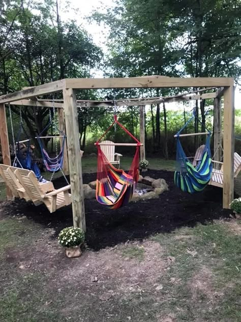 Hammock Chairs Backyard, Diy Hammock Stand Chair, Hammock Chair Ideas Backyard, Hammocks Around Fire Pit, Fire Pit With Hammocks, Hammock Stands Diy Wood, Yard Hammock Ideas, Outside Hammock Ideas, Gazebo With Hammock