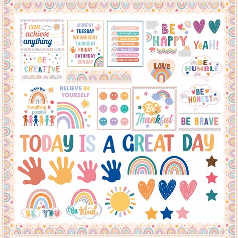 Bulletin Board Decoration, Inspirational Bulletin Boards, Rainbow Bulletin Boards, Elementary Bulletin Boards, Class Bulletin Boards, Rainbow Classroom Decor, Independence Day Theme, Today Is A Great Day, Boho Rainbow Classroom