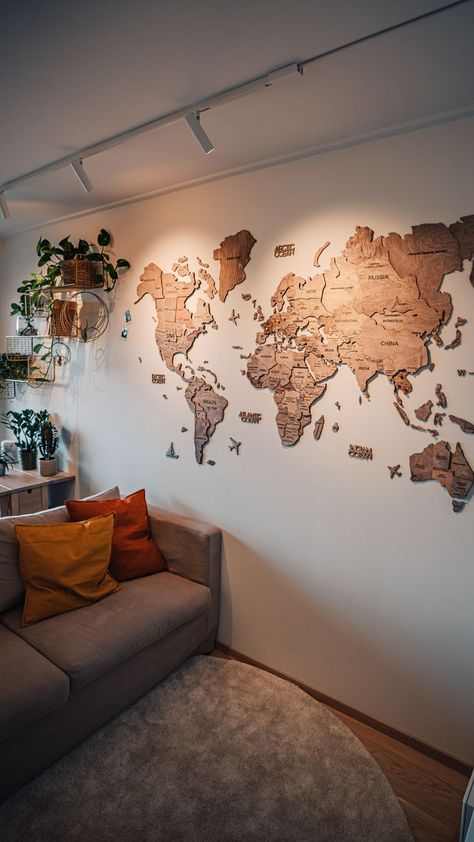 Travel World Map Wall Decor, Enjoy The Wood World Map, World Map In Living Room, Travel Map Wall Decor, Living Room Decor Travel Theme, Around The World Room Decor, Map Where You Have Been Travel, World Map Decor Living Room Ideas, World Map In Bedroom