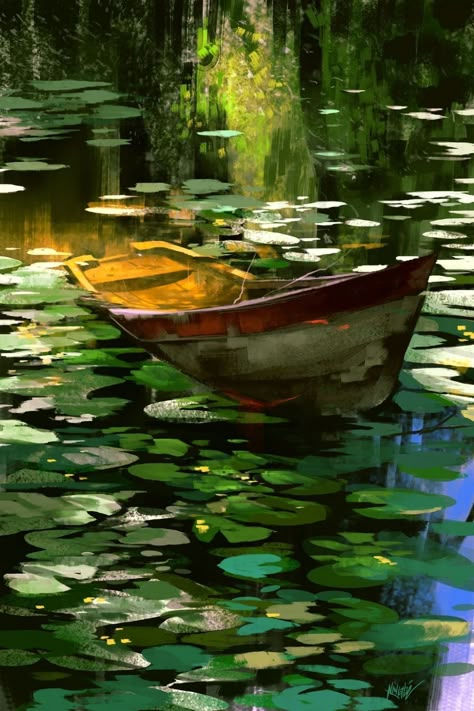 Water Landscape Painting, Soyut Sanat Tabloları, 수채화 그림, Water Art, Mini Canvas Art, Mini Canvas, Painting Art Projects, Fantasy Landscape, Lily Pads