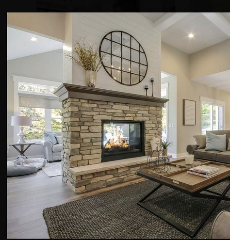 Fireplace That Divides Room, Double Sided Chimney, Fireplace Between Rooms, Split Fireplace, Fireplace In Center Of Room, Dual Sided Fireplace Living Room, Middle Of Room Fireplace, Fireplace Fronts Ideas, Double Fireplace Living Room