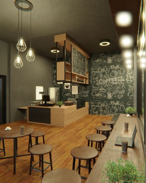 Coffee Shop Design, made with Blender. Follow me @ilhamgurnita for more design inspiration. Available for commission project (visit my link tree). Simple Coffee House Design, Cafe 3d Design, Coffeshop Design Architecture, Coffee Shop Ideas Design Cafe Interiors, Small Coffee Shop Design Layout, Mini Cafe Design Coffee Shops, Small Cafe Shop Design, Simple Cafe Interior Design, Mini Coffee Shop Design