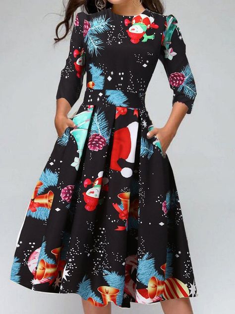 Black Midi Dress Outfit, Xmas Party Dresses, Midi Dress Outfit, Dresses Christmas, Xmas Dress, Christmas Dress Women, Round Neck Dresses, Christmas Print, Black Midi