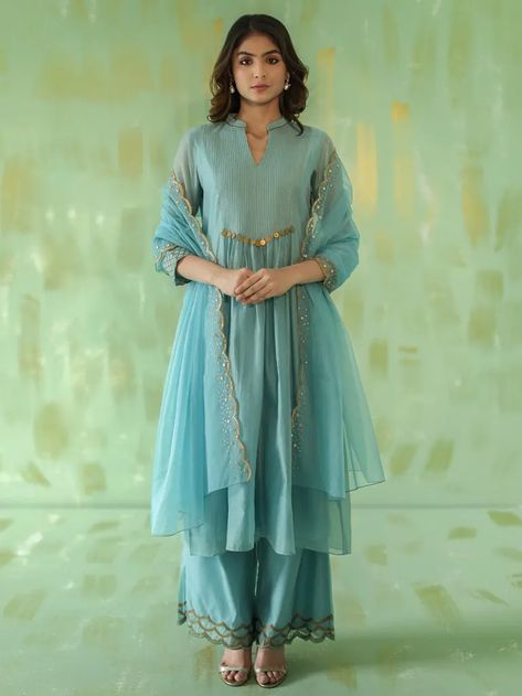 Buy Powder Blue Embroidered Chanderi Suit with Organza Scalloped Dupatta- Set of 3 | TABWK1003/TABI1 | The loom Golden Lehenga, Collar Kurta, Kurta Pant Set, Zari Embroidery, Blue Mirror, Organza Dupatta, Indian Fashion Designers, Indian Designer Outfits, Kurta With Pants