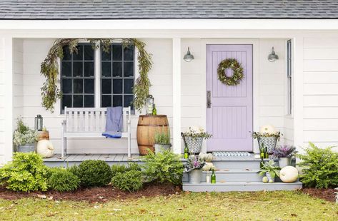 Forest Green Paint Color, Beach House Guest Room, Small Condo Living, Colored Doors, Cascading Roses, Farmhouse Front Porch Decor, Purple Front Doors, Colourful House, Olive Branch Wreath