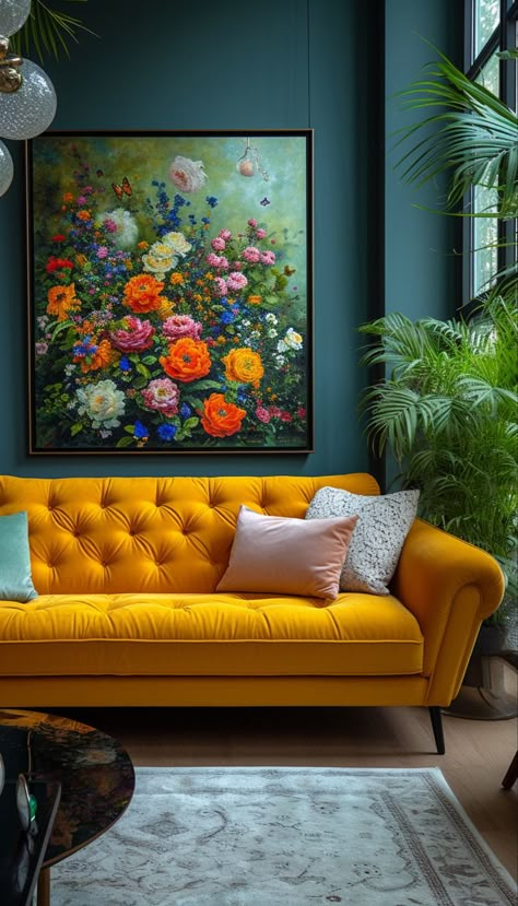 Yellow couch and floral painting interior design plants Pottery Barn Inspired Living Room, Cozy Living Room Furniture, Painting Interior Design, Floral Couch, Yellow Couch, Interior Design Plants, Couch Styling, Yellow Sofa, Pottery Barn Inspired