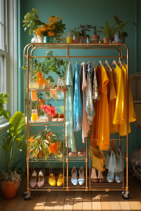 Jacket Rack Aesthetic, Clothes Rack Plants, Capsule Wardrobe Rack, Clothing Rack Aesthetic Vintage, Organized Chaos Aesthetic, Color Organized Closet, Color Organization Closet, Clothes Rack Aesthetic, Katie Aesthetic