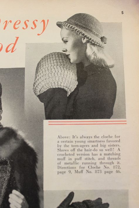 Free Pattern: 1947 Crochet Muff and Hat / Va-Voom Vintage | Vintage Fashion, Hair Tutorials and DIY Style Vintage Crochet Patterns 1940s, Crochet Hand Muff, 1940s Crochet, 1940s Hair, Crochet Hat Tutorial, Hand Muffs, Crochet Wrist Warmers, Skating Outfit, Hand Muff