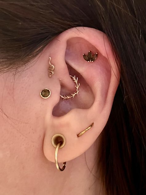 Upper Forward Helix Piercing, Ear Curation Daith, Decorated Ears Piercings, Piercings With Names, Gold Labret Piercing, Ear Piercing Ideas Small Ears, Gauged Ears Aesthetic, Witchy Ear Piercings, Ear Piercing Ideas With Gauges