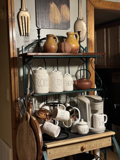 How To Decorate A Bakers Rack, Vintage Bakers Rack, Coffee Bar On Bakers Rack, Bakers Rack Ideas, Bakers Rack Coffee Bar, Baker’s Rack Decor, Coffee Bar Design, Bakers Rack, Small Space Diy