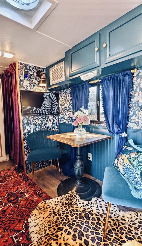 Trailer Bedroom, Moody Eclectic, Small Travel Trailer, Rv Inspiration, Small Kitchenette, Fold Down Table, Space Saving Beds, Maximalist Design, Home On Wheels