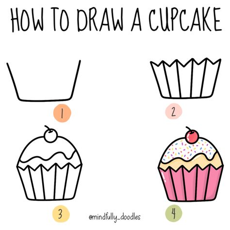 Learn how to draw this cute cupcake with a super simple step by step guide. #doodle #bulletjournaldoodles How To Draw Cupcakes Step By Step, Cupcake Drawing Step By Step, How To Draw Kindergarten Step By Step, Simple Cupcake Drawing, How To Draw A Cupcake, Cupcakes Doodle, Cupcake Drawing Easy, Easy Things To Draw Step By Step, Cupcake Doodle