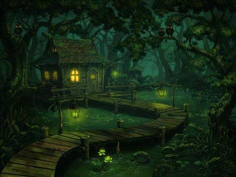 swamp_by_totalnol600_450 Witch Hut, Rpg Map, Parc D'attraction, Fantasy Places, Witch House, Nature Sounds, Fantasy Art Landscapes, Scary Stories, Environment Concept Art