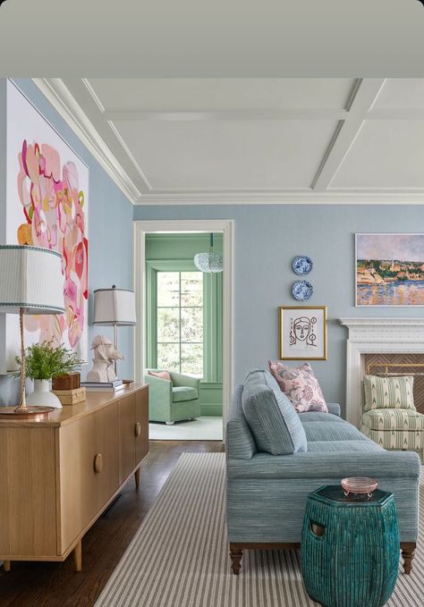 Colorful Grandmillenial Living Room, Transitional Blue Living Room, Great Room Design Ideas, Colorful Grandmillenial, Colorful Traditional Home Decor, Nyc Living Room Apartment, Light Blue Living Room Color Scheme, Light Blue Couch Living Room, Grand Millennial Living Room