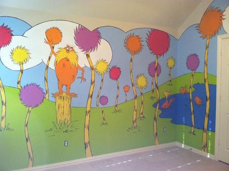 Lorax mural for playroom Lorax Nursery, Office Celebration Ideas, Dr Seuss Mural, Dr Seuss Nursery, Valentine Cartoon, Baby Nursery Design, Diy Wall Painting, Murals For Kids, Childrens Playroom