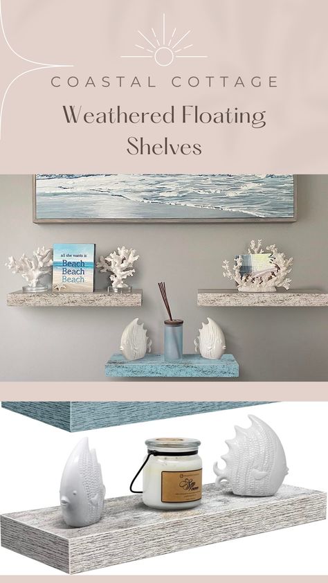 Coastal Floating Shelves, Coastal Farmhouse Shelf Decor, Coastal Farmhouse Shelves, Floating Shelves Kitchen Coastal, Small Coastal Bathroom Wall Shelves, Beachy Bathroom Wall Shelves, Creative Wall Storage, Shelf Above Couch, Beach Porch