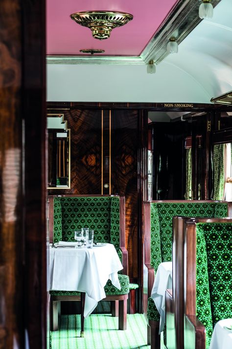 Moody Art Deco, Wes Anderson Design, Belmond British Pullman, West Anderson, Luxury Train Travel, British Pullman, Accidentally Wes Anderson, Pullman Train, Venice Simplon