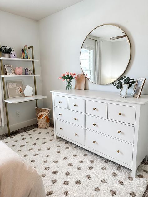 Preteen Girls Room - white dresser decor, cream rug, soft rug, white and gold girls room  Shop recommended products from Alex McDowell | Home on 24th on www.amazon.com. Learn more about Alex McDowell | Home on 24th's favorite products. Shared Room Dresser Ideas, Toddler Girl Dresser Decor, Toddler Dresser Ideas, Kids Dresser Decor, Girls Dresser Decor, White Dresser Decor, White Toddler Bed, Gold Girls Room, Girl Dresser