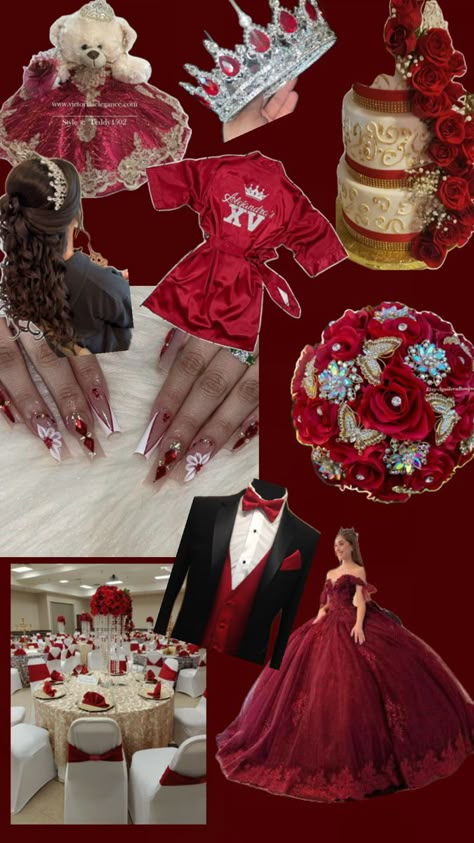 Red And Gold Quince Theme, Twin Quinceanera, Quinceanera Red Theme, Quinceanera Red And Gold, Burgundy Quinceanera Theme, Gold Quince Theme, Red Gold Quinceanera, Red Quince Ideas, Red Quinceanera Theme