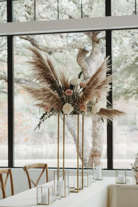 Pampas Grass In Vase Wedding, Rustic Pampas Centerpiece, Lantern Centerpieces With Pampas, Pampas And Ostrich Feather, Pampas And Roses Wedding, Greenery And Pampas Grass Wedding Decor, Pampas Roses Centerpiece, Pampas Grass White Roses Centerpiece, Pampas Grass And White Roses