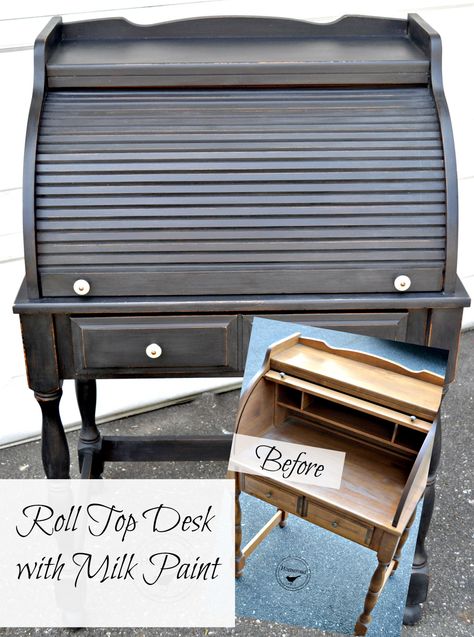 How To Paint A Roll Top Desk, Rolltop Desk Makeover, Small Roll Top Desk, Key Drawer, Miss Mustard Seed Milk Paint, Rolltop Desk, Desk Redo, Black Painted Furniture, Painted Desk