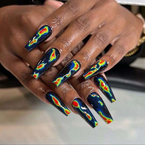 Hand painted thermal apres nails by Morgan #ThermalNails #NailArt #Handpainted #NailAesthetic #Naildesigns #Nailtech #nailinspo Map Nails, Apres Nails, Almond Acrylic Nails Designs, Thermal Nails, Nails Care, Watermelon Nails, Hippie Nails, Birthday Babe, Gothic Nails