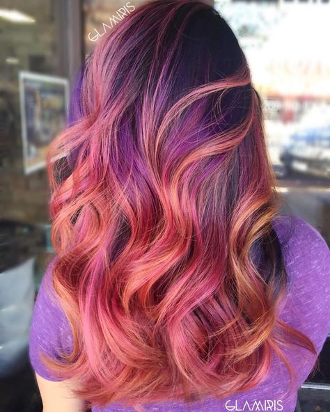 Maybe more of a rusty orange?? Strawberry Blonde, Pink And Purple Highlights Mulberry Hair Color With Highlights, Short Red Hairstyles, Blonde Bayalage, Sunset Hair, Blonde Pink, Vivid Hair, Dyed Hair Pastel, Purple Highlights, Blonde With Pink