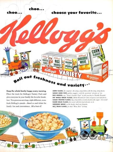 Kellogs Cereal, Corn Flakes Cereal, Raisin Bran, Corn Pops, 1950s Retro, Corn Flakes, Breakfast Cereal, Style Kitchen, Print Ad