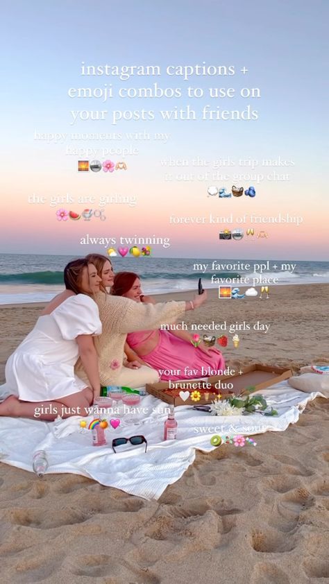 Caption For Beach Photos With Friends, Emoji For Best Friend, Bestie Emoji Combos, Best Friend Emoji Combos, Vacay Emoji Combos, Summer Instagram Captions Friends, Friends Emoji Combinations, Girls Day Out Captions, Girls Trip Captions