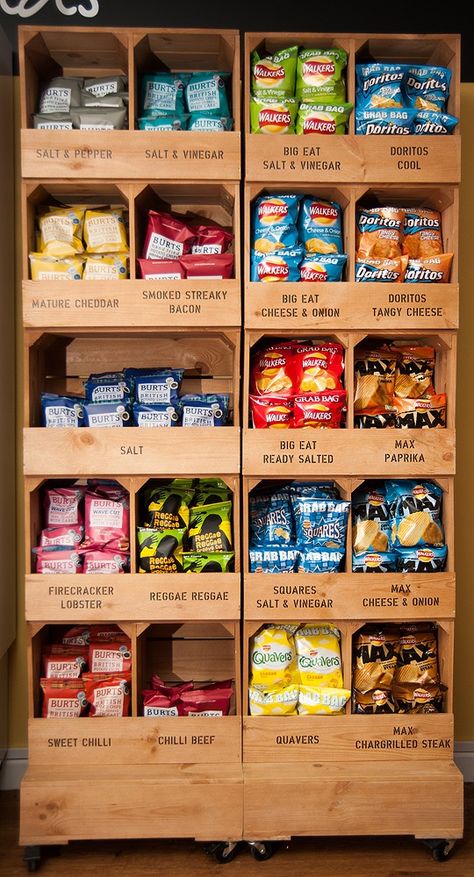 Small Kitchen Ideas Organization, Kitchen Ideas Organization, Crate Display, Snack Display, Gym Bar, Grocery Store Design, Food Retail, Supermarket Design, Small Kitchen Ideas