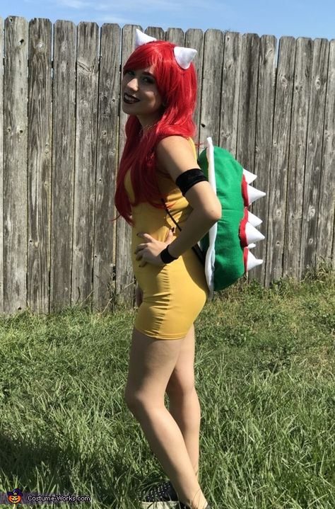 Women Bowser Costume, Womens Bowser Costume, Yoshi Halloween Costume Women, Female Bowser Cosplay, Bowser Costume Diy Women, Bowser Costume Female, Yoshi Costume Diy Women, Bowser Halloween Costume, Yoshi Halloween