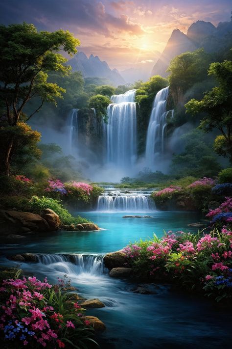 Waterfall Painting On Canvas, Waterfall Fantasy Art, Magical World Art, Waterfalls Painting, Waterfall Images, Beautiful Scenery Paintings, Hd Phone Backgrounds, Waterfall Scenery, Waterfall Pictures