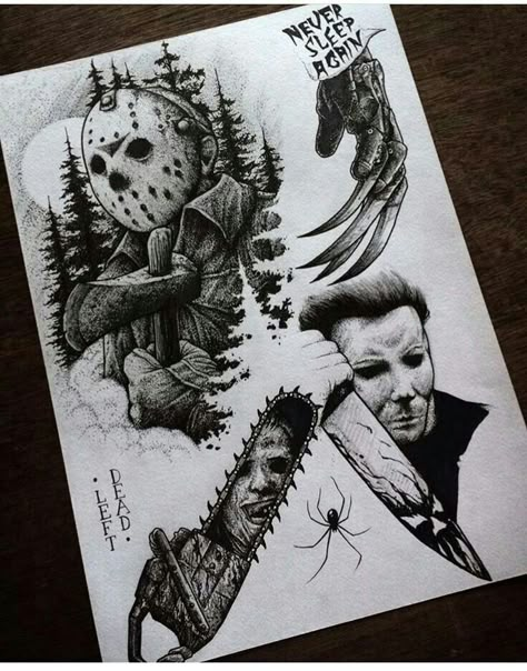 Horror Tattoo Flash Sheet. Horror Movie Tattoos, Horror Drawing, Movie Tattoo, Kunst Tattoos, Movie Tattoos, Scary Tattoos, Theme Tattoo, Tattoo Flash Sheet, Horror Artwork