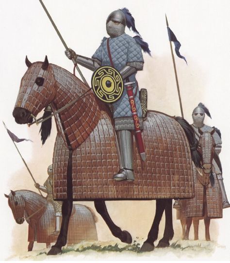 Byzantine Cataphracts (from Byzantine Armies 886-1118 by Osprey) Byzantine Army, Medieval Warfare, Persian Warrior, Century Armor, Historical Warriors, Eastern Roman, Empire Romain, Heroic Fantasy, Ancient Warfare