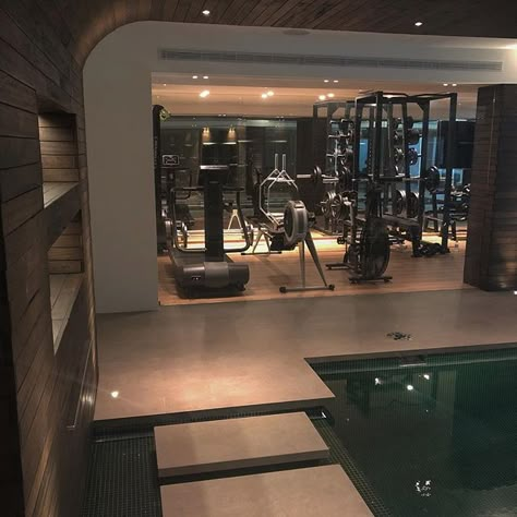 Gym And Pool Design, Private Gym Luxury, Big Gym Room, House Gym Aesthetic, Expensive Gym Aesthetic, Indoor Gym Aesthetic, Indoor Pool Apartment, Luxury Home Gym Aesthetic, Dream Indoor Pool