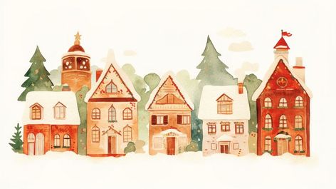 Christmas five houses illustration watercolor christmas. | free image by rawpixel.com / Aew Christmas Village Watercolor, Christmas Houses Illustration, Christmas House Illustration, Houses Illustration, Scandinavian Houses, Tv Christmas, Painting Winter, Building Illustration, Christmas Painting