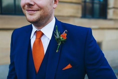 Blue Suit Orange Tie Wedding, Royal Blue Wedding Suit Groom, Orange And Royal Blue Wedding, Orange Buttonhole, Royal Blue And Orange Wedding, Creative Warehouse, Royal Blue Suit Wedding, Blue Wedding Suit Groom, Bestman Suit