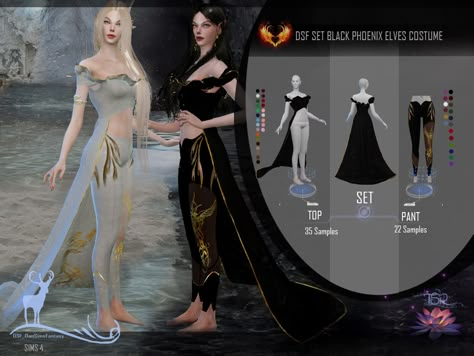 DanSimsFantasy's DSF SET BLACK PHOENIX ELVES COSTUME Elves Costume, Magic Clothes, Sims Medieval, Elf Clothes, Sims 4 Dresses, Elf Costume, Sims 4 Downloads, Sims4 Clothes, Sims 4 Collections