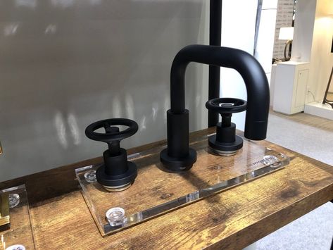 Matte Black!! (Not necessarily the one shown here -- Newport Brass industrial style faucet and handles.) Industrial Faucet, Black Faucet Bathroom, Matte Black Bathroom Faucet, Vintage Faucet, Colorful Shower Curtain, Black Bathroom Accessories, Bathroom Black, Cool Shower Curtains, Newport Brass